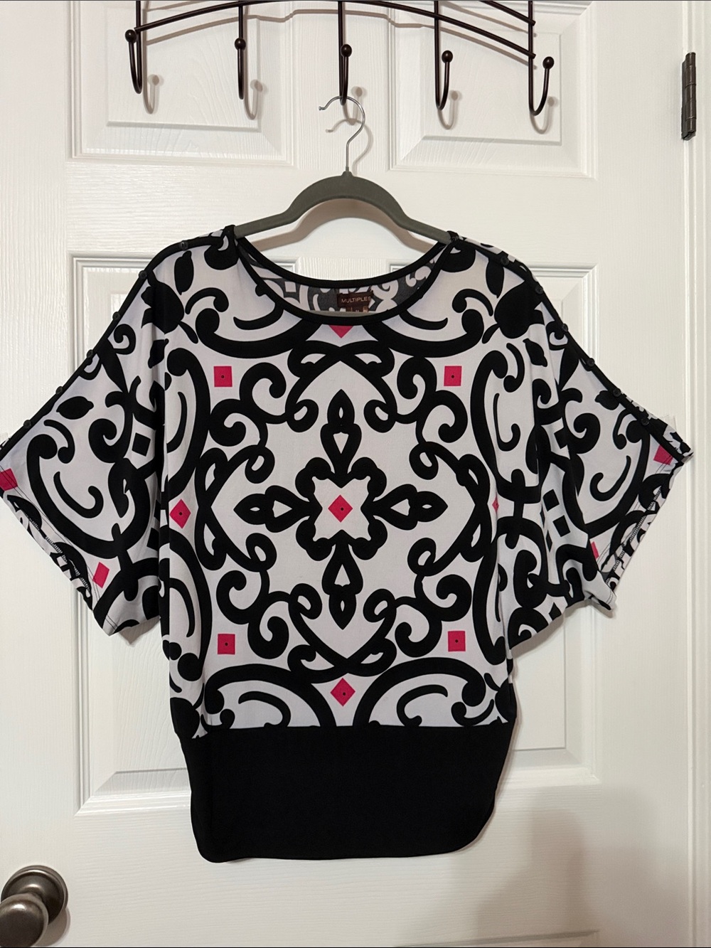 Multiples Black & White Patterned Top with Pink Accents